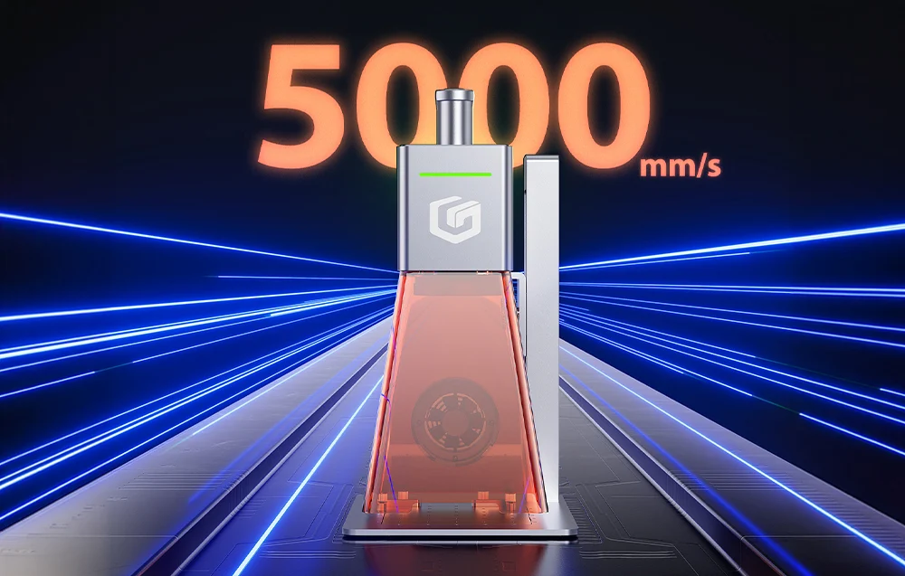 Grafika prezentująca laser galwanometryczny w czerwonej obudowie grawerujący z prędkością 5000 mm/s.